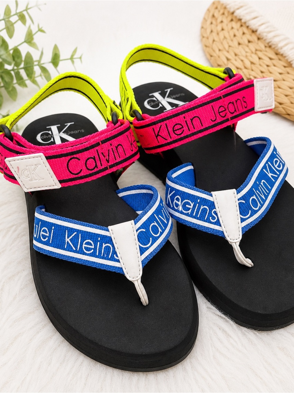 Calvin Klein Logo Strap Sandals Blue, Pink, Neon Yellow Size 8.5 - New - Picture 9 of 11